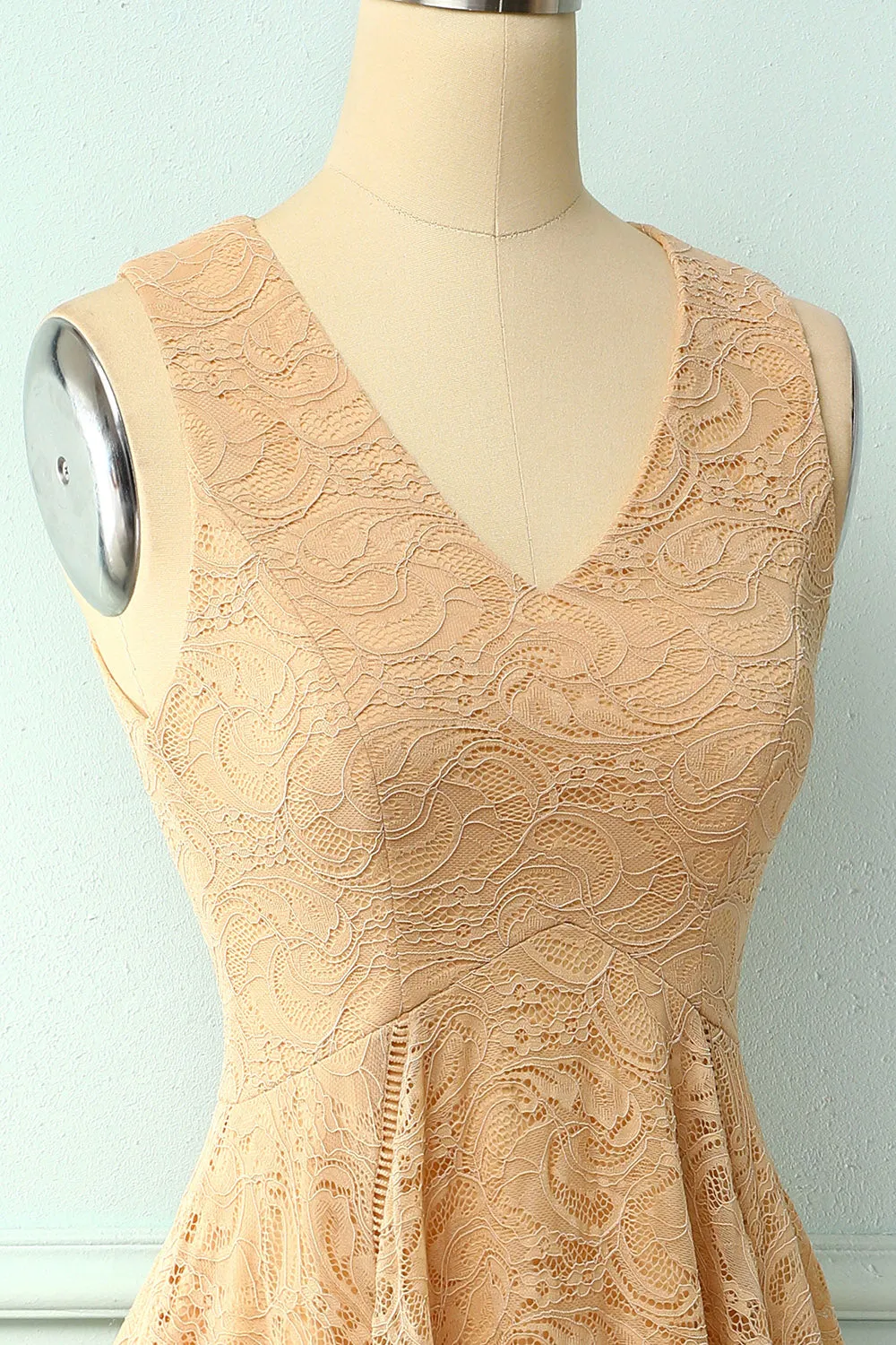 Asymmetrical Champagne V-neck Lace Dress sold by Zapaka product image thumbnail 3