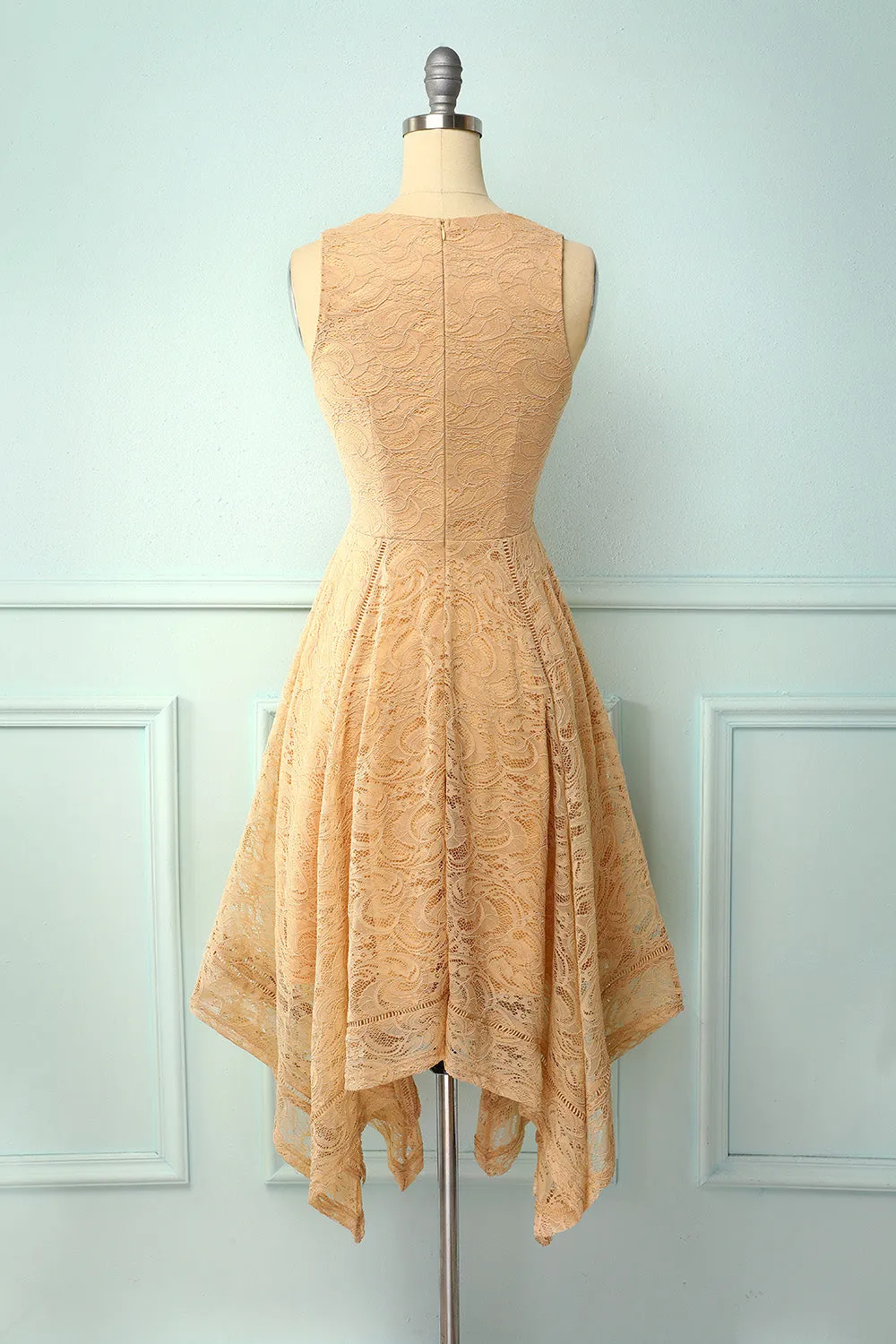 Asymmetrical Champagne V-neck Lace Dress sold by Zapaka product image thumbnail 2