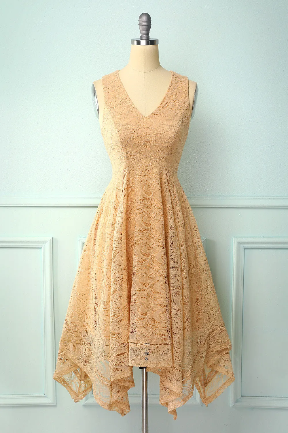 Asymmetrical Champagne V-neck Lace Dress sold by Zapaka