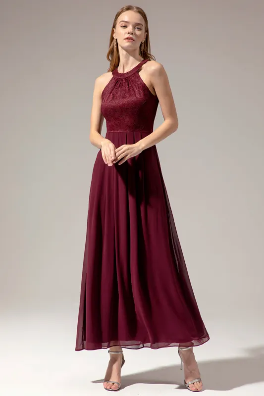 Halter Long Lace Bridesmaid Dress sold by Zapaka