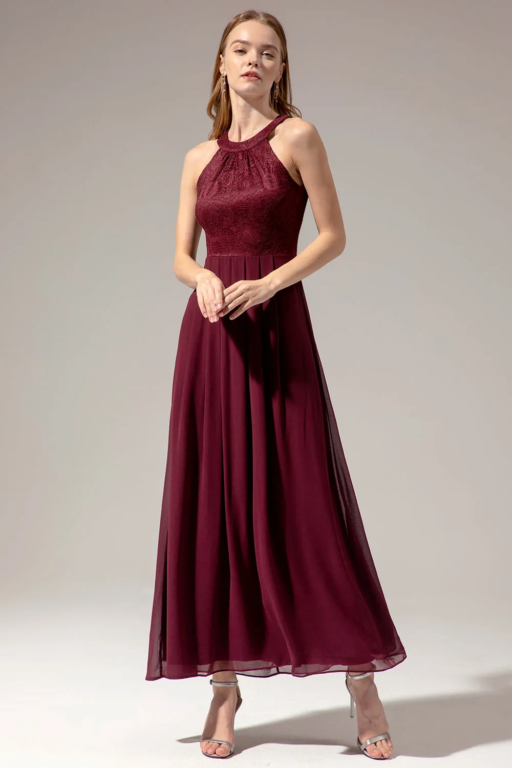 Halter Long Lace Bridesmaid Dress sold by Zapaka