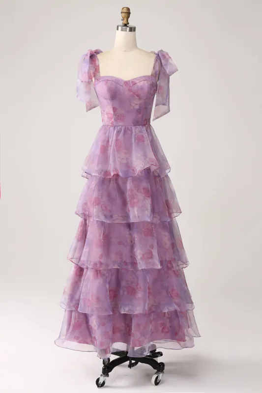 A Line Tiered Purple Printed Tea-Length Long Prom Dress sold by Zapaka