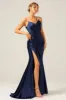 Navy Mermaid Ruched Long Prom Dress With Slit sold by Zapaka
