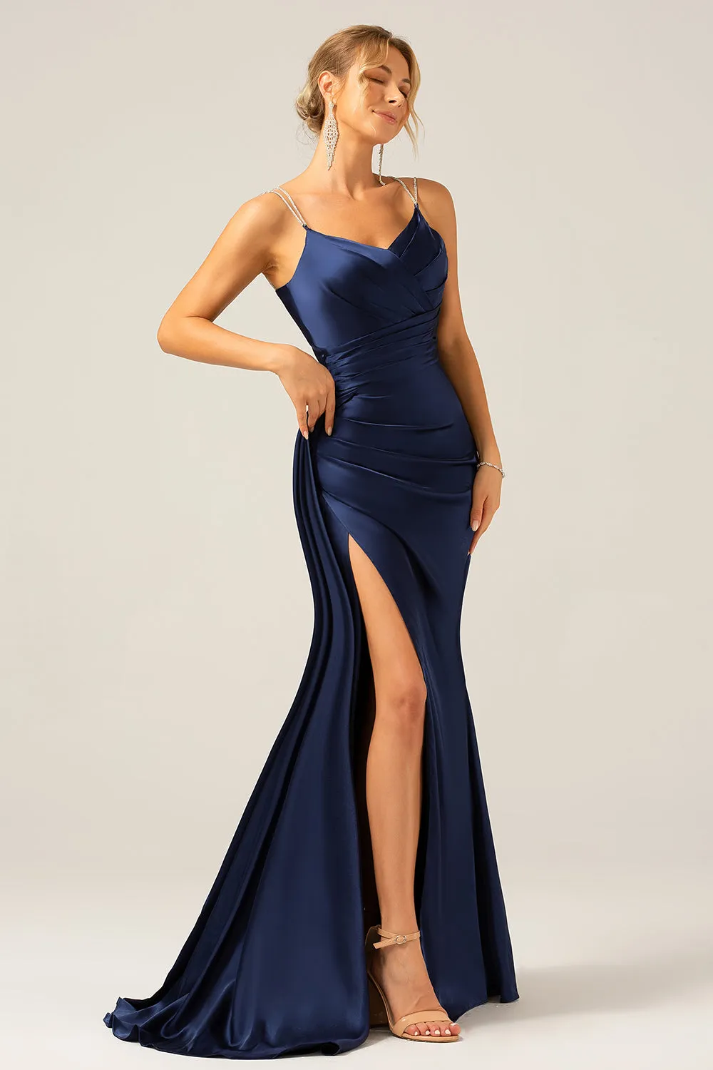 Navy Mermaid Ruched Long Prom Dress With Slit sold by Zapaka product image thumbnail 3