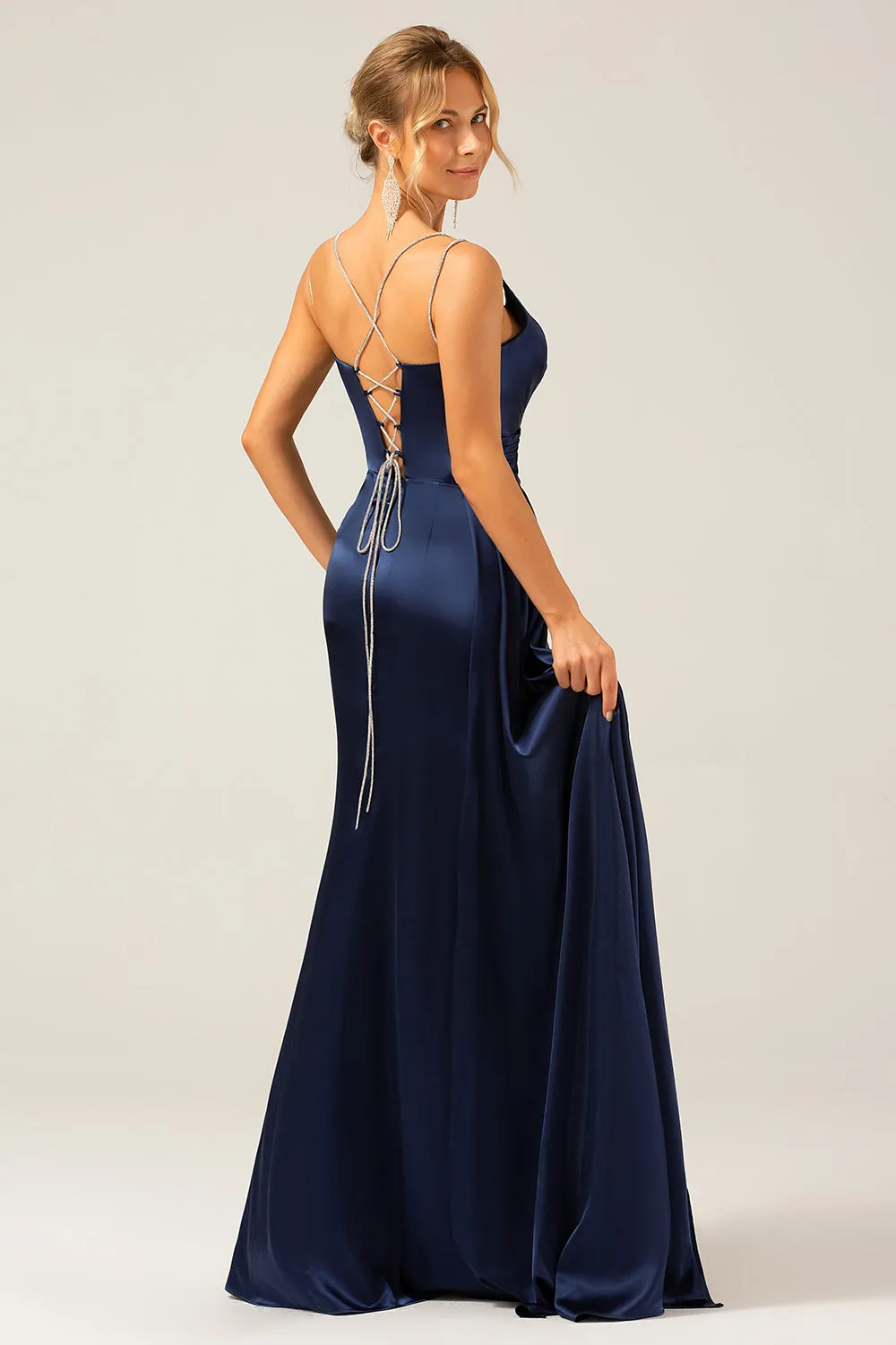 Navy Mermaid Ruched Long Prom Dress With Slit sold by Zapaka product image thumbnail 2
