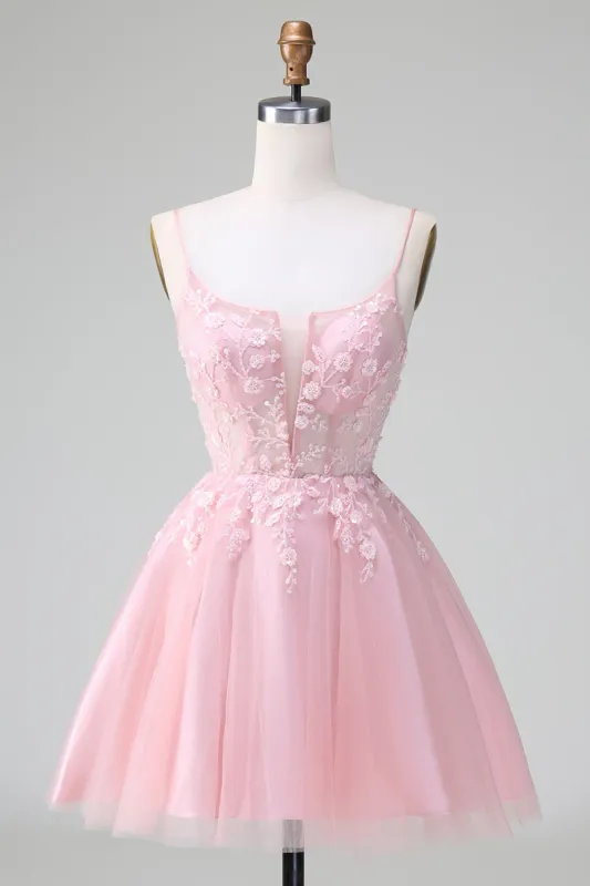 Princess Blush A Line Spaghetti Straps Tulle Short Homecoming Dress with Appliques sold by Zapaka