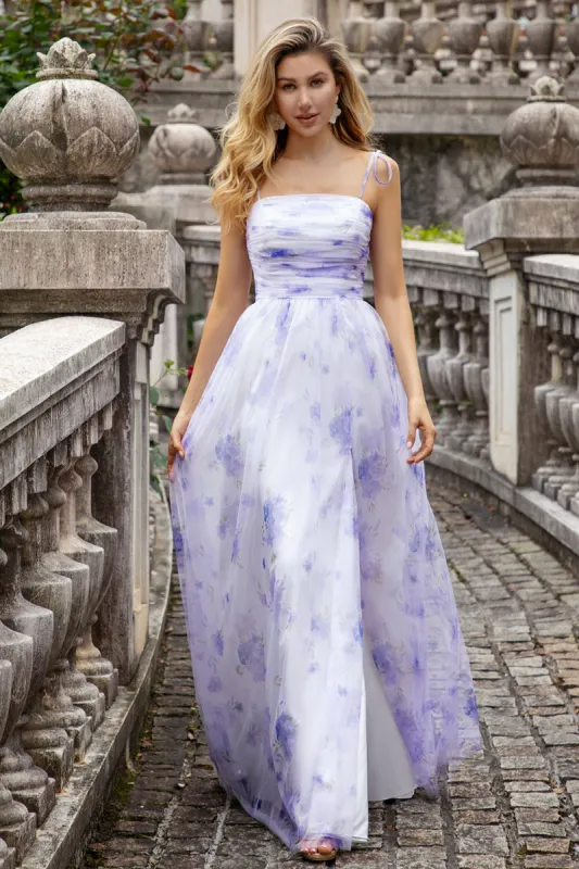 Lavender Flower A Line Spaghetti Straps Long Bridesmaid Dress with Slit made by Zapaka