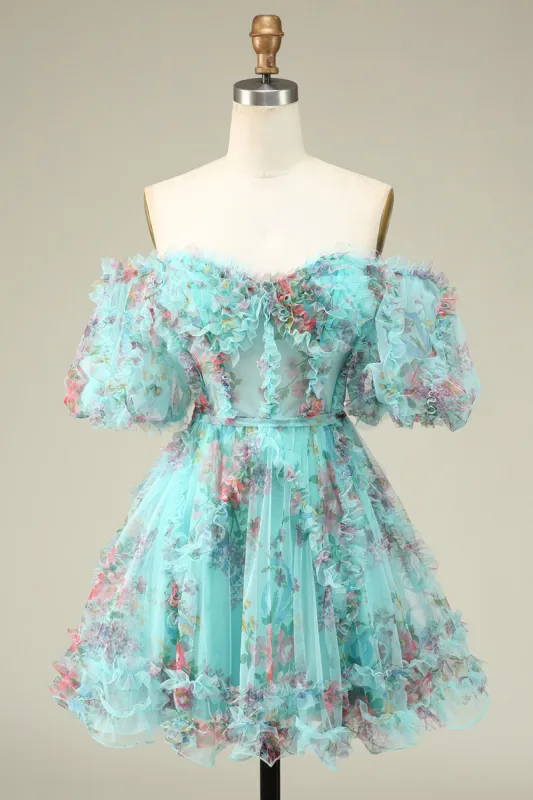 Gorgeous A Line Off the Shoulder Green Tulle Short Homecoming Dress with Short Sleeves sold by Zapaka