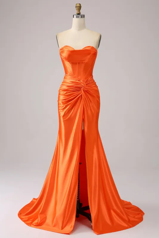 Orange Mermaid Sweetheart Corset Long Sparkly Prom Dress with Slit sold by Zapaka