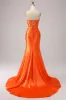 Orange Mermaid Sweetheart Corset Long Sparkly Prom Dress with Slit sold by Zapaka