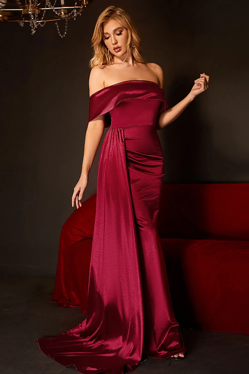 Mermaid Off The Shoulder Burgundy Prom Dress with Ruffles sold by Zapaka product image thumbnail 3
