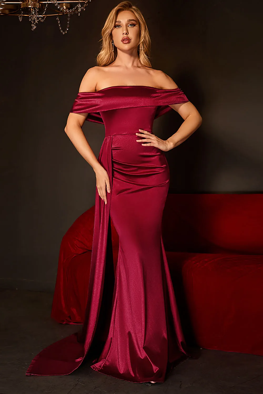 Mermaid Off The Shoulder Burgundy Prom Dress with Ruffles sold by Zapaka