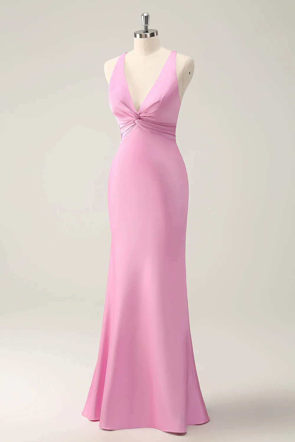 Pink Mermaid V Neck Satin Long Bridesmaid Dress sold by Zapaka product image thumbnail 3