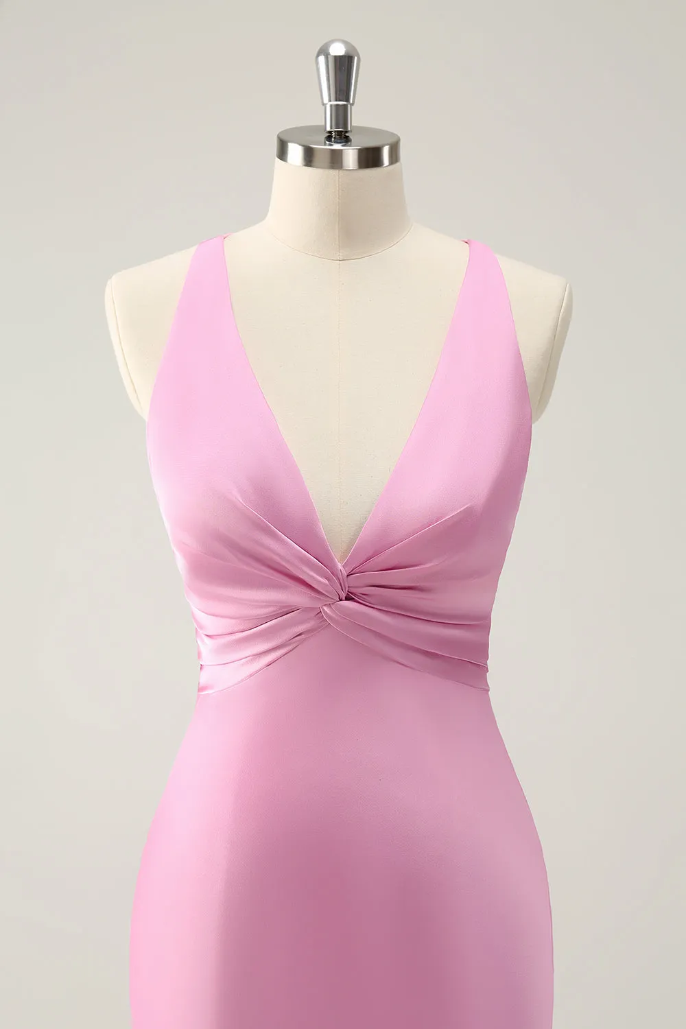 Pink Mermaid V Neck Satin Long Bridesmaid Dress sold by Zapaka product image thumbnail 4
