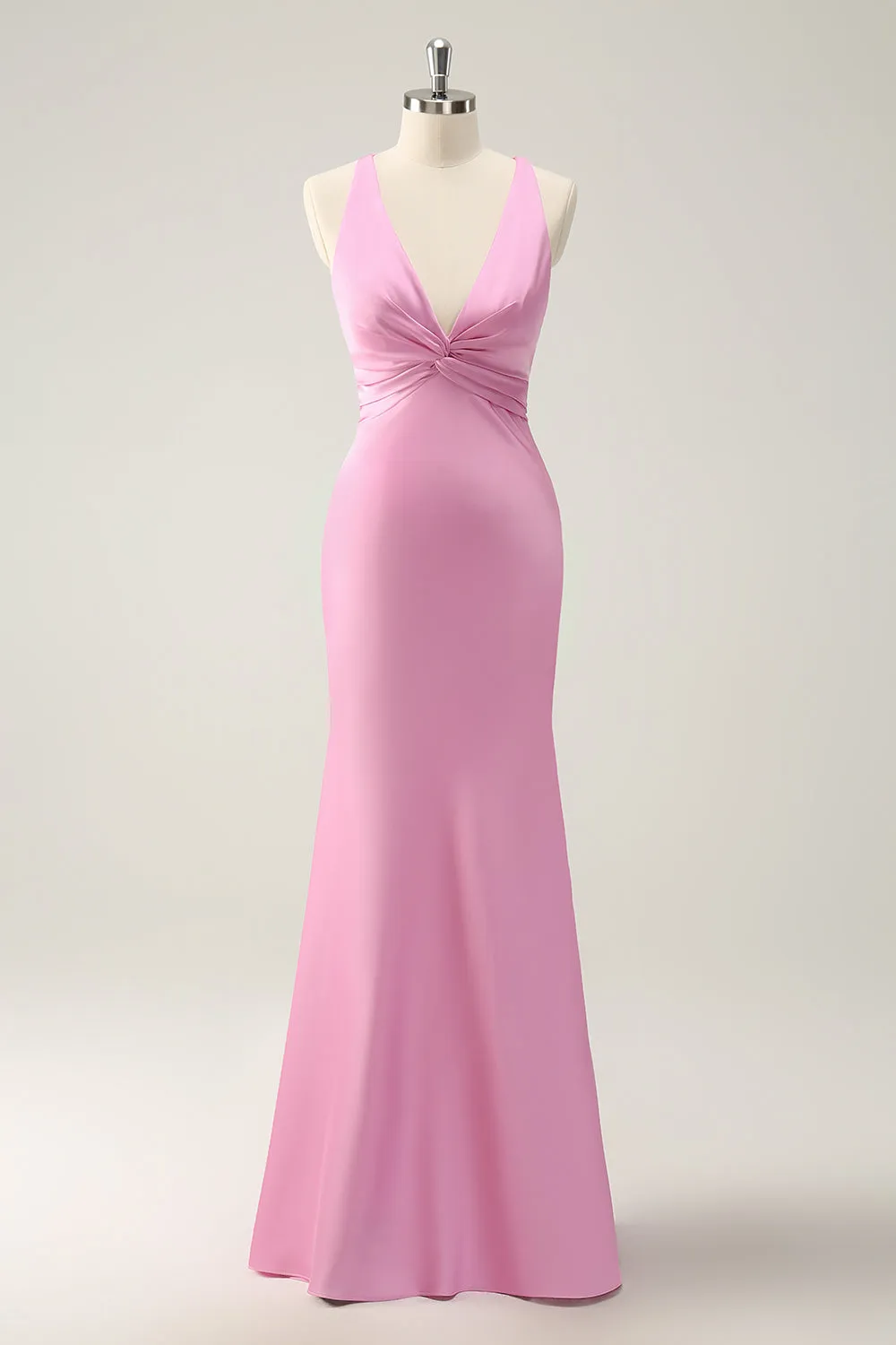 Pink Mermaid V Neck Satin Long Bridesmaid Dress sold by Zapaka