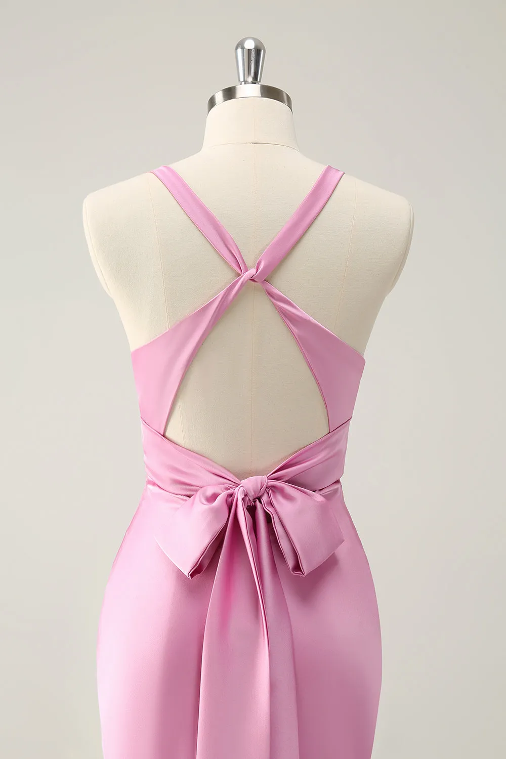 Pink Mermaid V Neck Satin Long Bridesmaid Dress sold by Zapaka product image thumbnail 5