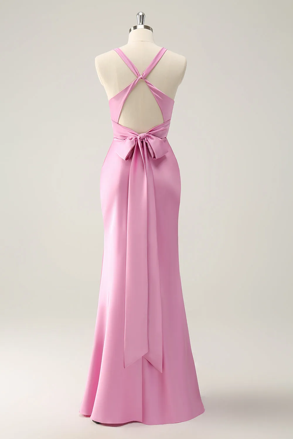 Pink Mermaid V Neck Satin Long Bridesmaid Dress sold by Zapaka product image thumbnail 2