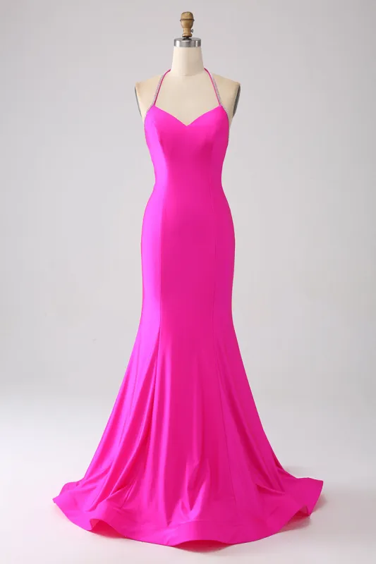 Fuchsia Mermaid Halter Neck Backless Long Prom Dress sold by Zapaka