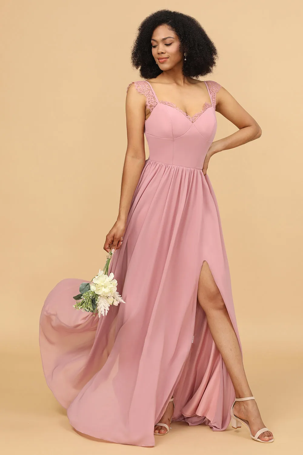 Blush Long Chiffon Bridesmaid Dress with Lace sold by Zapaka