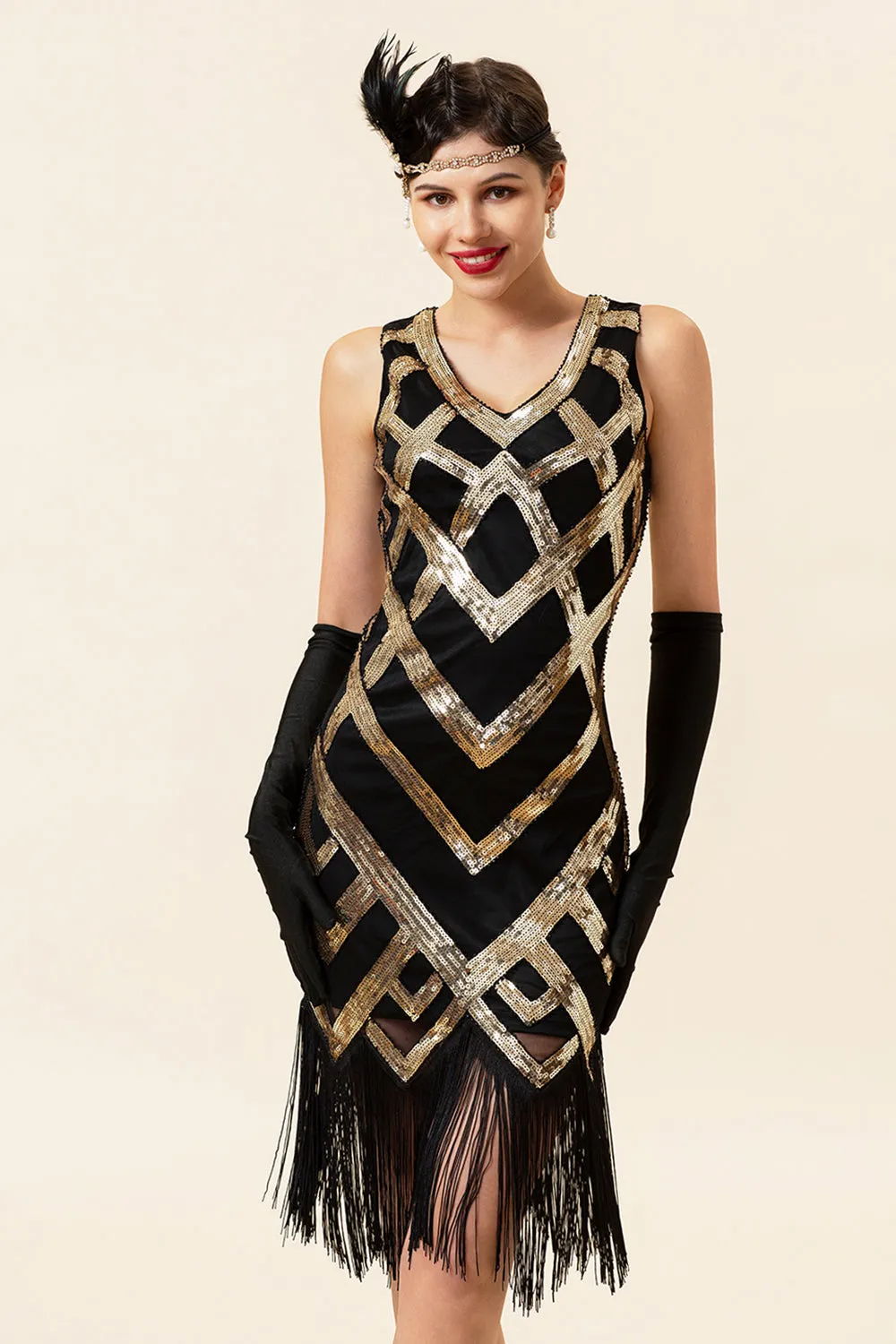 Golden Fringes Sequins Flapper Dress with 1920s Accessories Set sold by Zapaka product image thumbnail 4