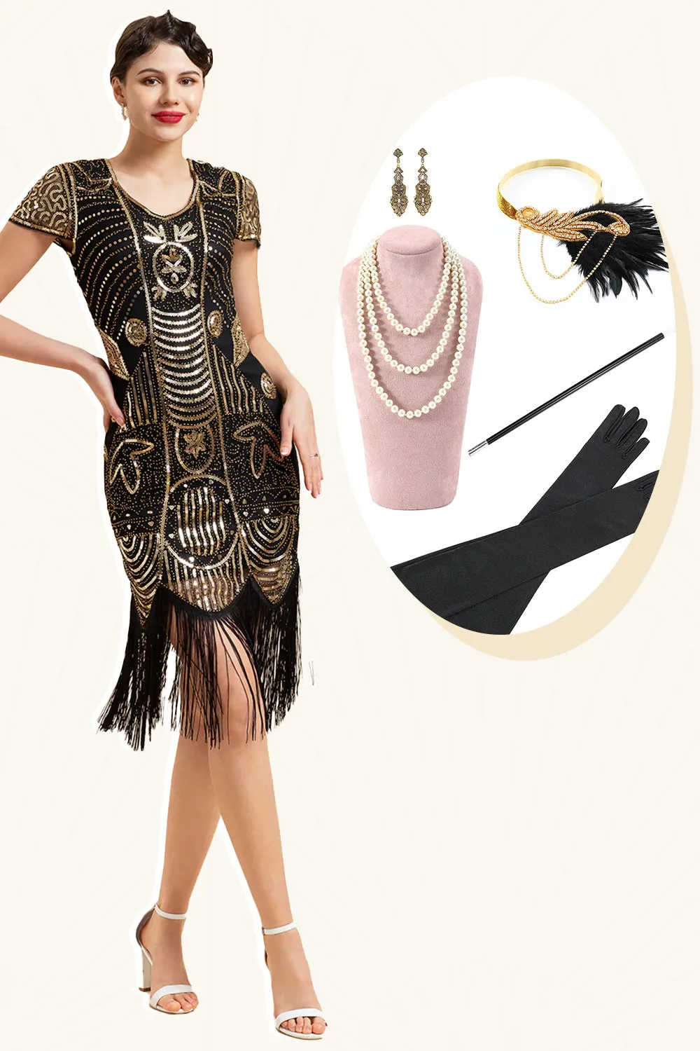 Golden Fringes Sequins Flapper Dress with 1920s Accessories Set sold by Zapaka