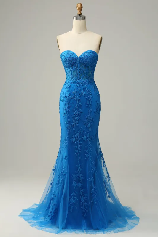 Mermaid Sweetheart Royal Blue Long Prom Dress with Criss Cross Back sold by Zapaka