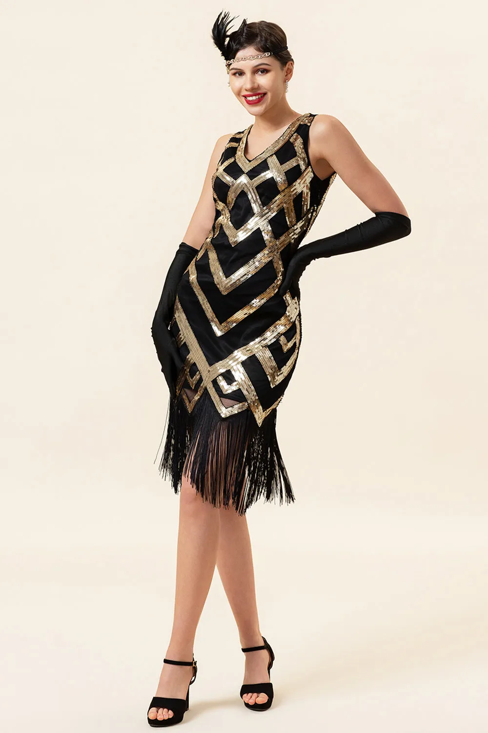 Golden Fringes Sequins Flapper Dress with 1920s Accessories Set sold by Zapaka product image thumbnail 5