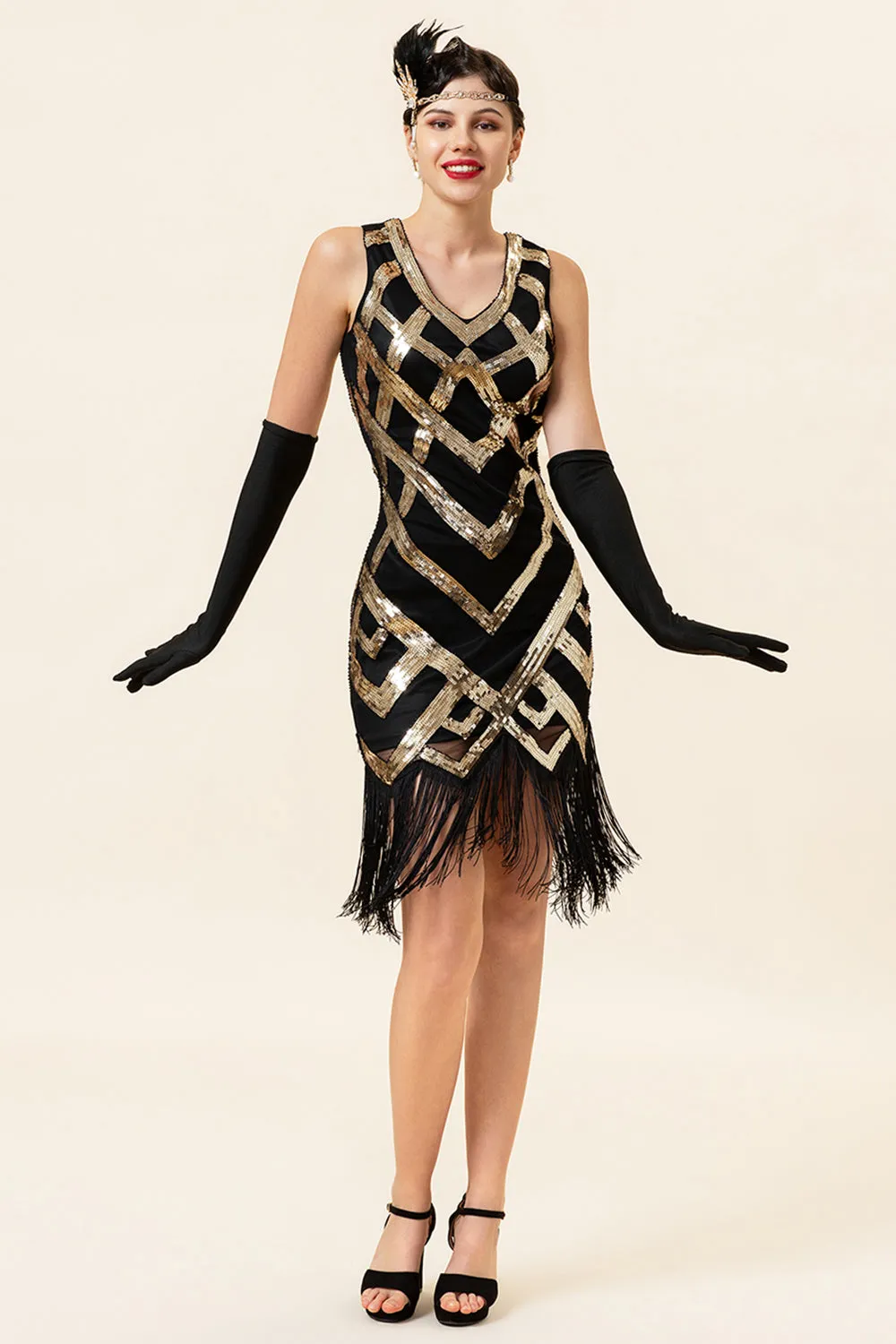 Golden Fringes Sequins Flapper Dress with 1920s Accessories Set sold by Zapaka product image thumbnail 2