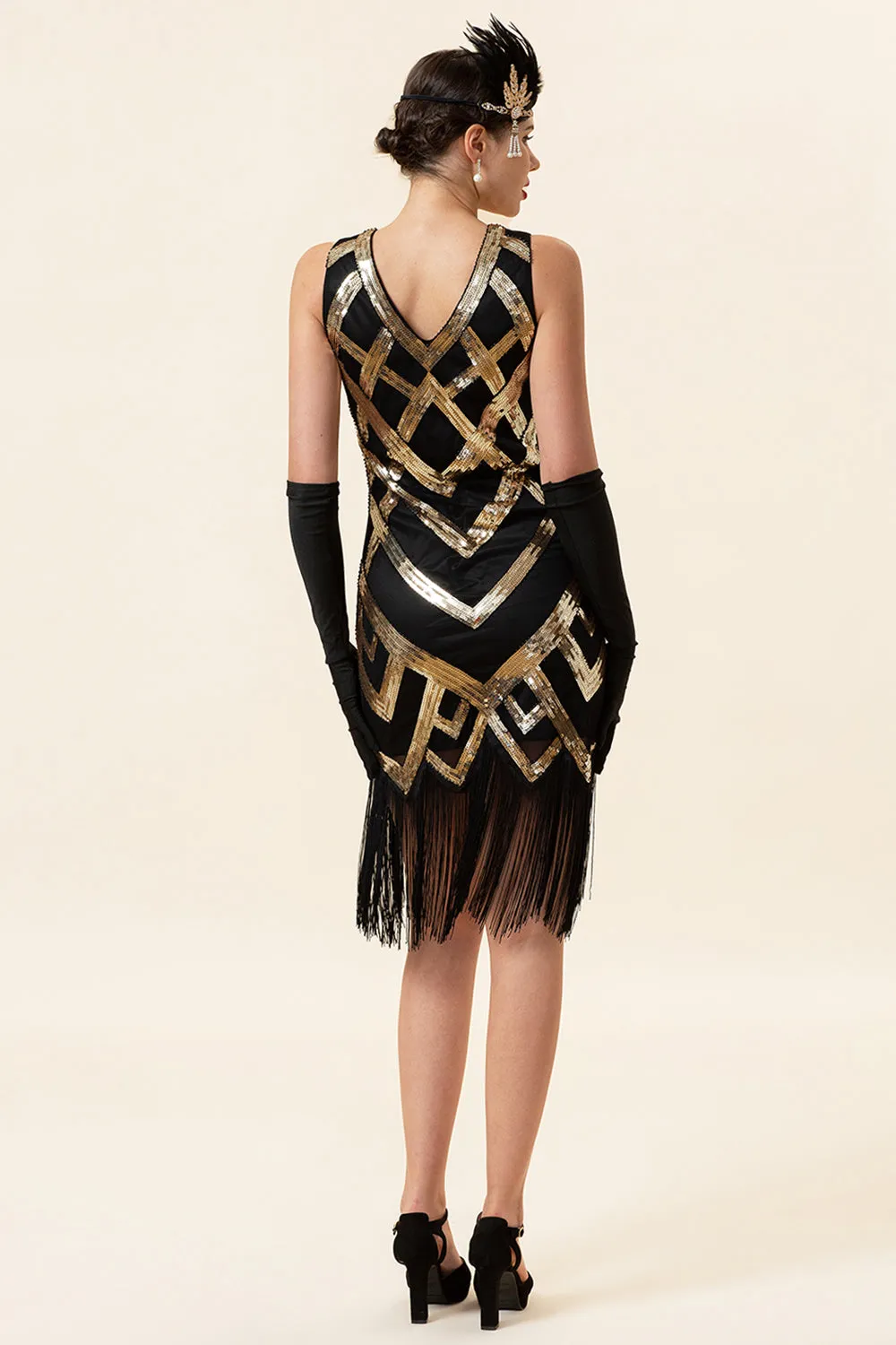 Golden Fringes Sequins Flapper Dress with 1920s Accessories Set sold by Zapaka product image thumbnail 3