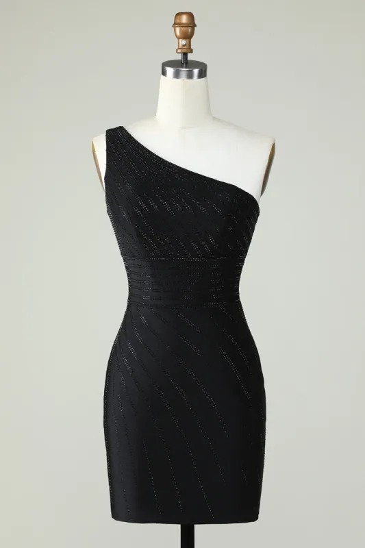 Sheath One Shoulder Black Short Homecoming Dress with Beading sold by Zapaka