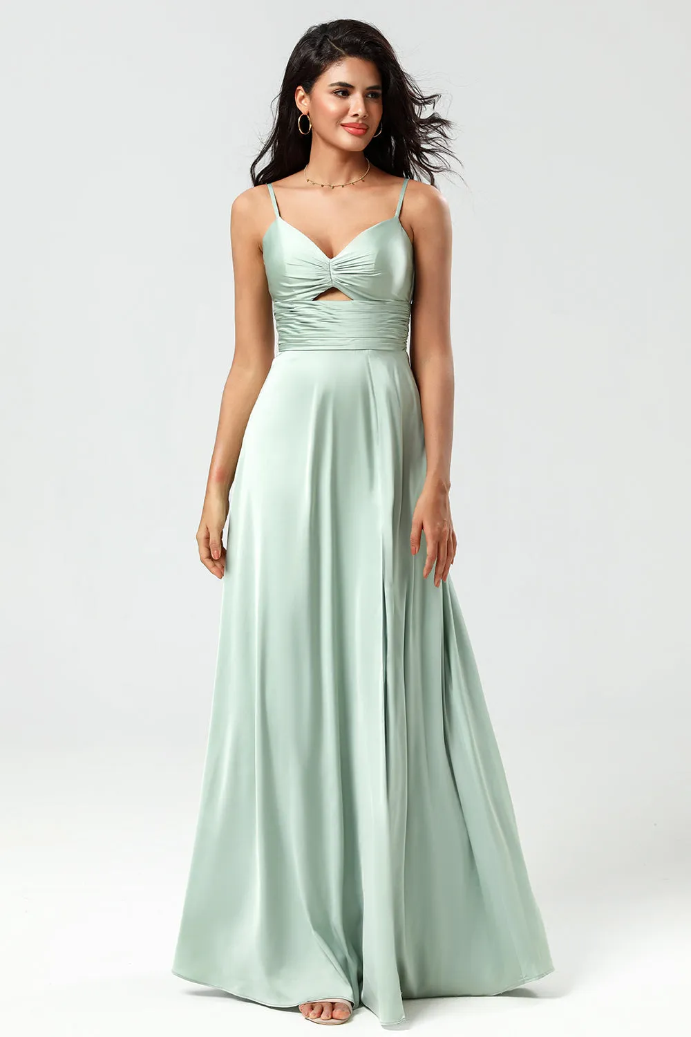 Spaghetti Straps Keyhole A Line Green Bridesmaid Dress with Slit sold by Zapaka product image thumbnail 4