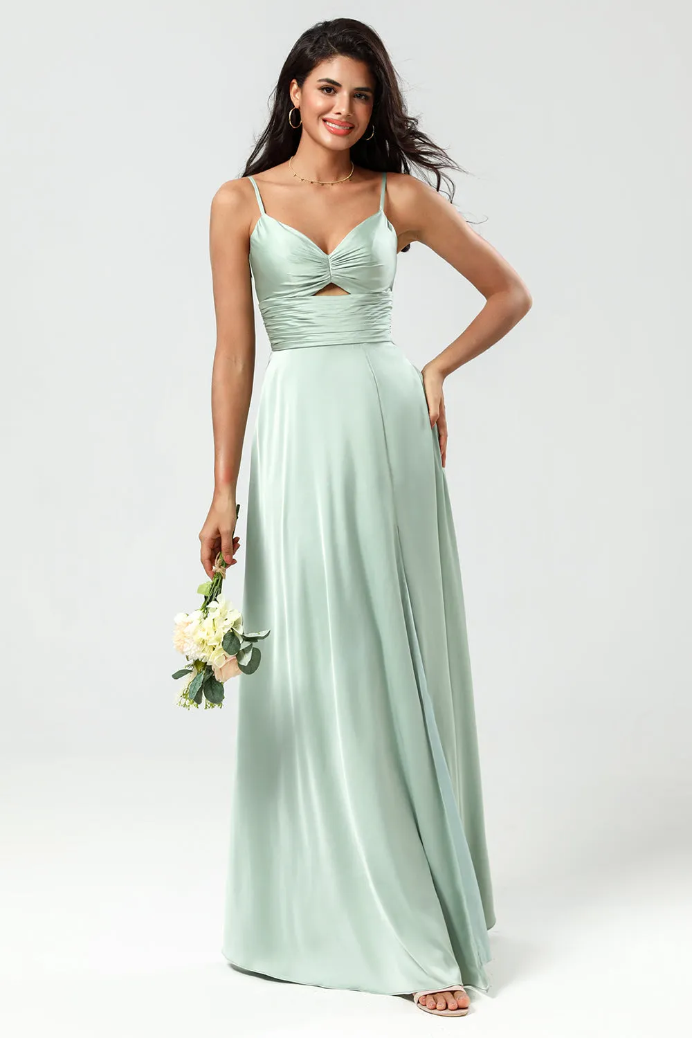 Spaghetti Straps Keyhole A Line Green Bridesmaid Dress with Slit sold by Zapaka product image thumbnail 5