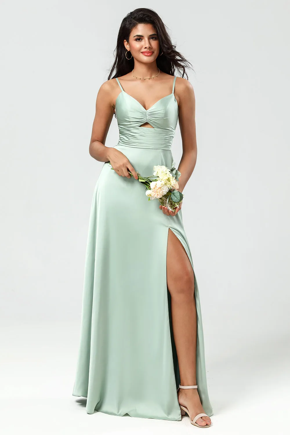 Spaghetti Straps Keyhole A Line Green Bridesmaid Dress with Slit sold by Zapaka