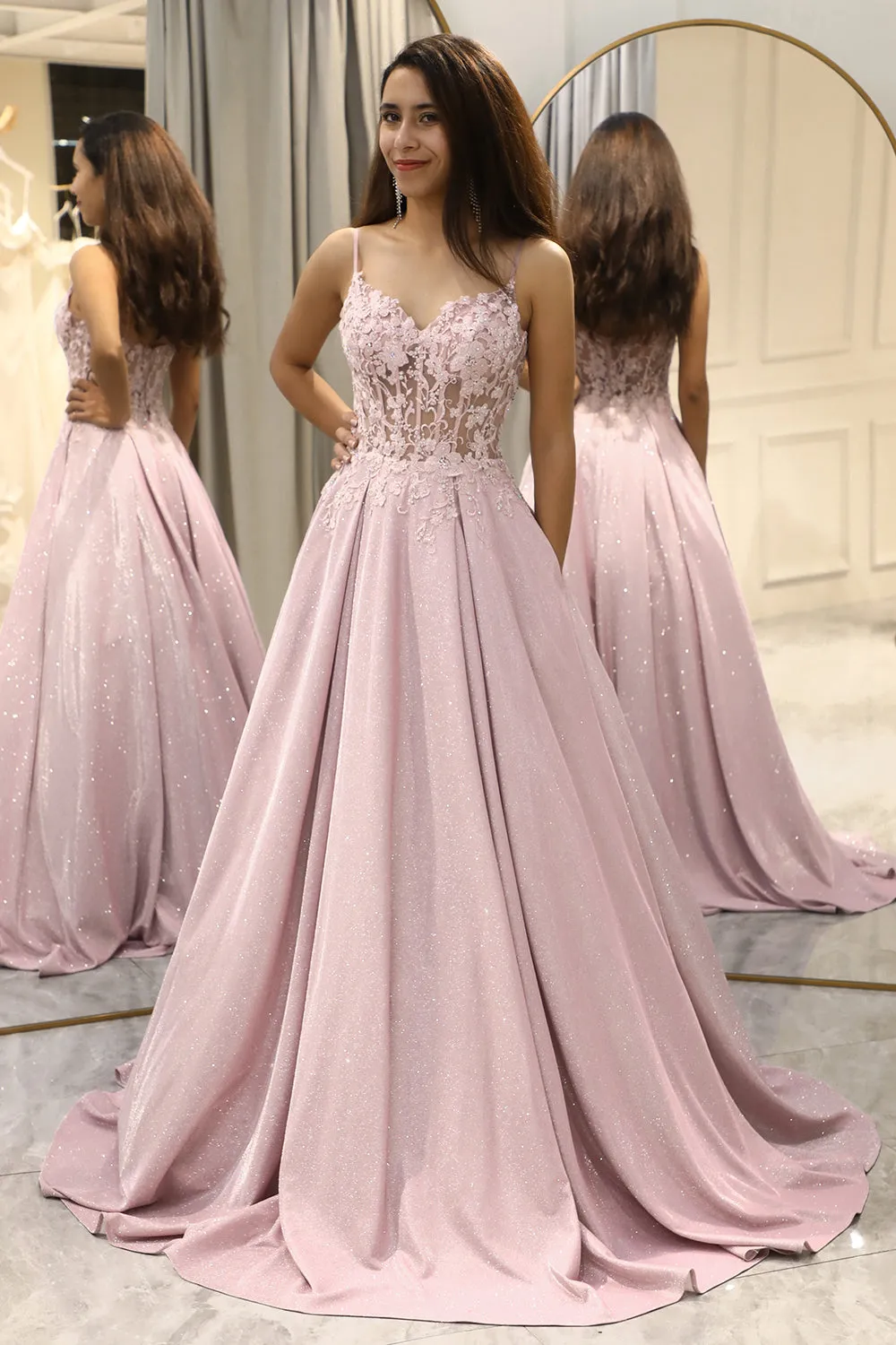 Glitter Spaghetti Straps Blush Prom Dress with Beading sold by Zapaka product image thumbnail 3