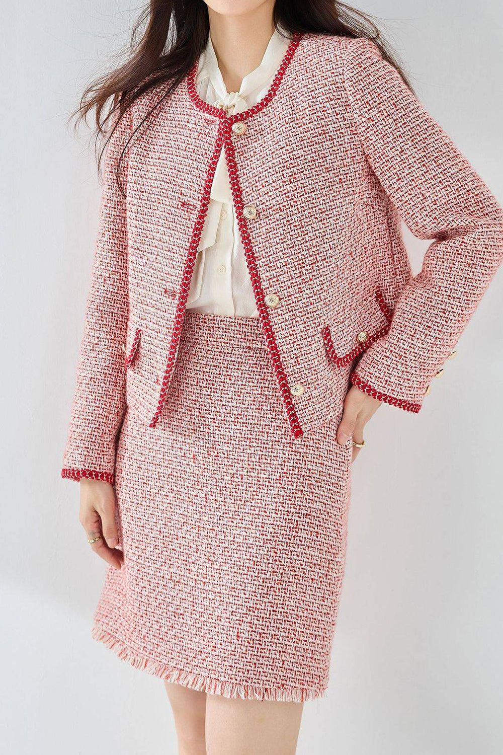 Pink Tweed Shawl Lapel Women Cropped Coat sold by Zapaka