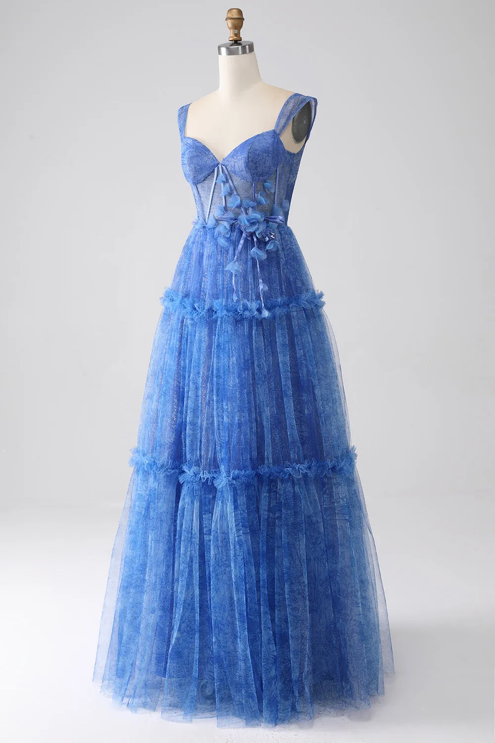 Blue Printed A Line Tulle Corset Prom Dress sold by Zapaka product image thumbnail 3