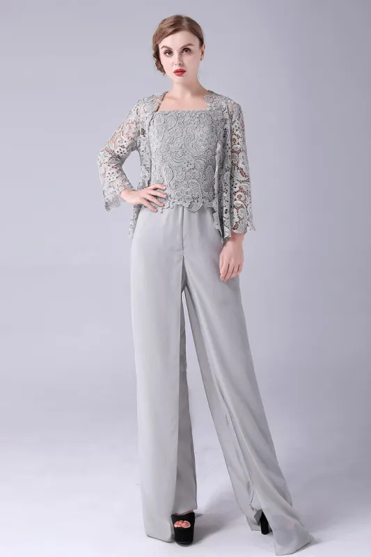 Sliver Jumpsuit/Pantsuit Separates Lace Chiffon Mother of the Bride Dress made by Zapaka