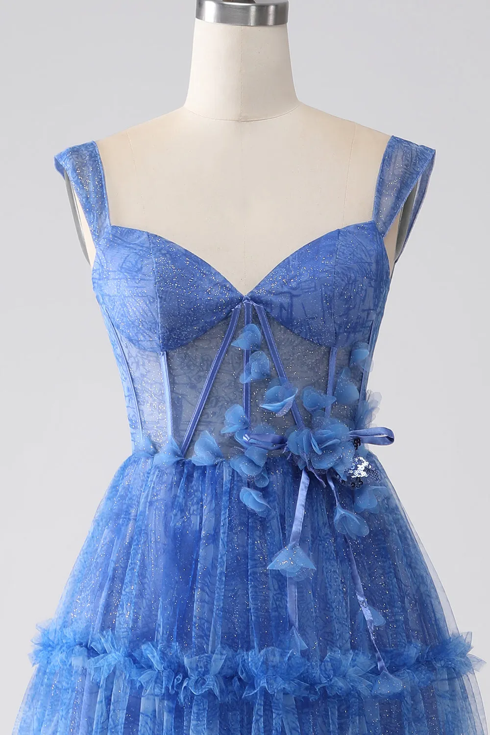 Blue Printed A Line Tulle Corset Prom Dress sold by Zapaka product image thumbnail 4