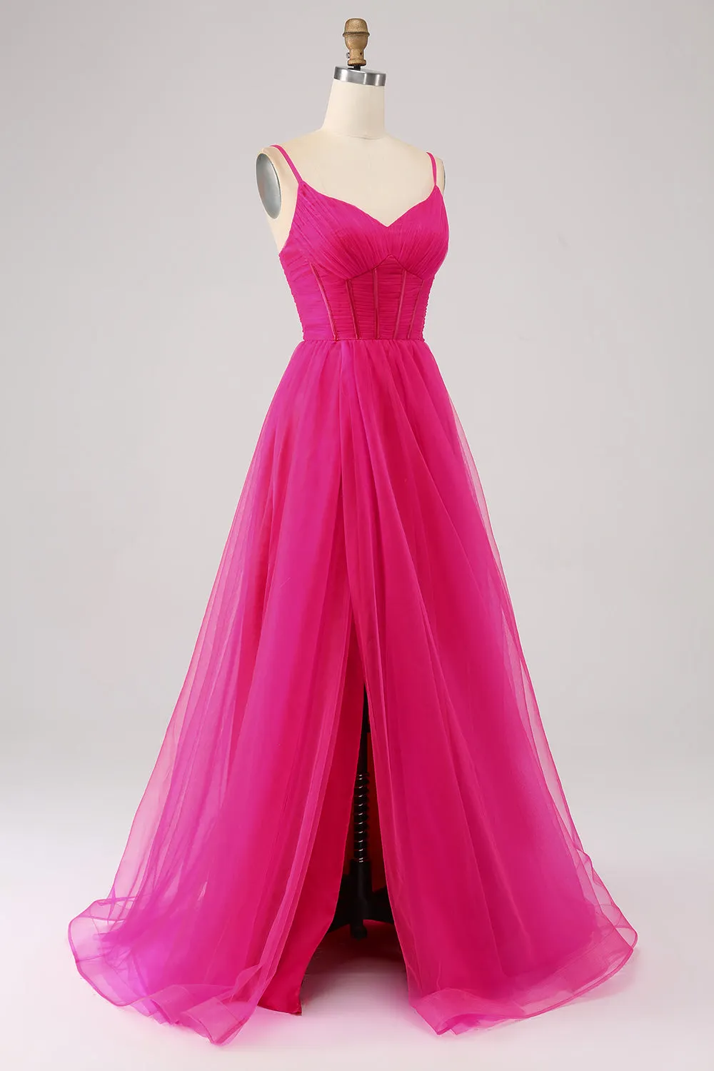 Fuchsia A-Line Spaghetti Straps Long Corset Prom Dress with Slit sold by Zapaka product image thumbnail 3