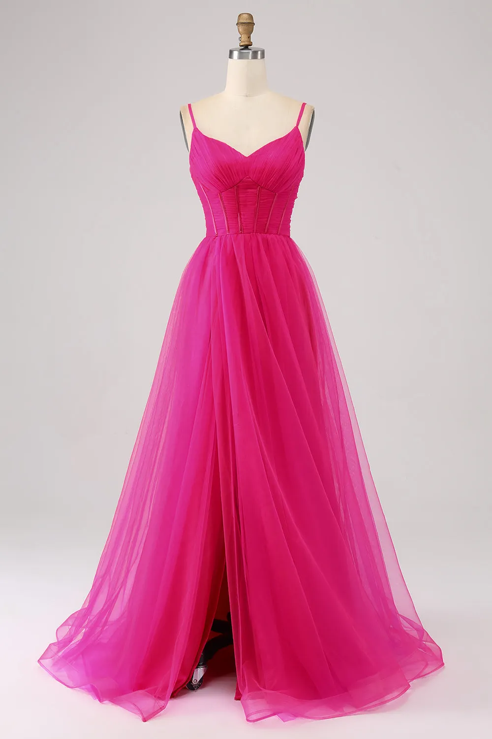Fuchsia A-Line Spaghetti Straps Long Corset Prom Dress with Slit sold by Zapaka