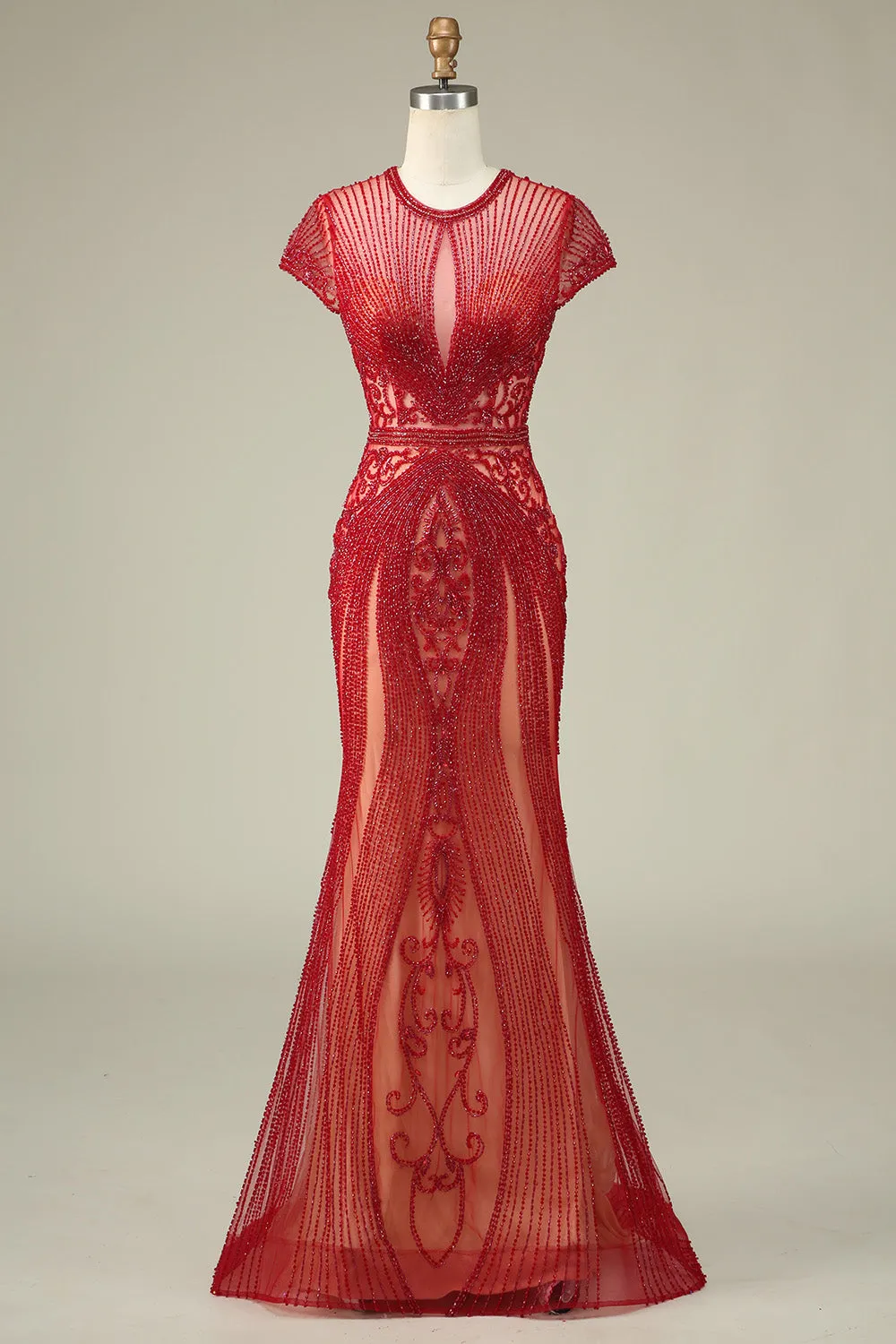 Gorgeous Mermaid Jewel Neck Burgundy Prom Dress with Beading sold by Zapaka