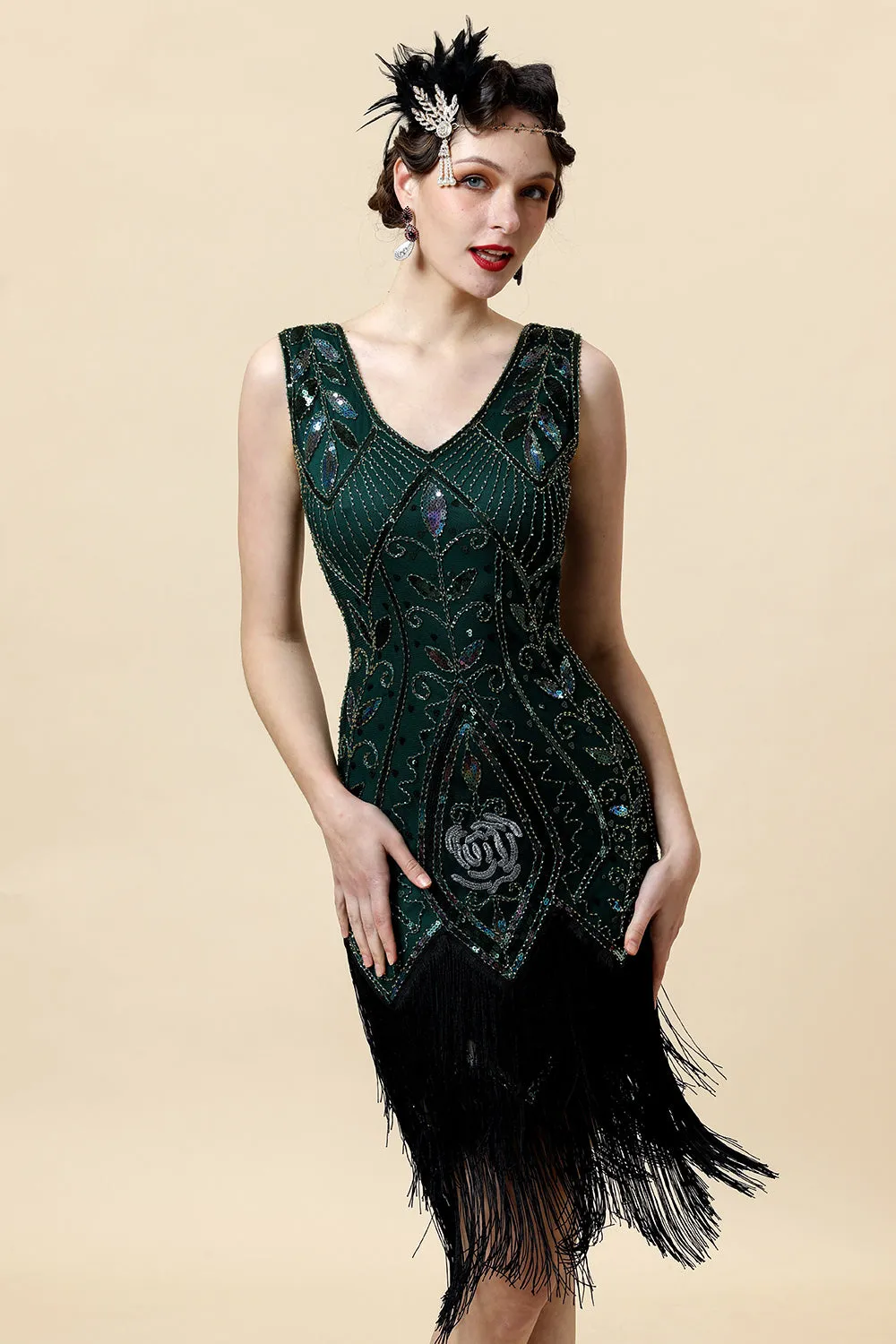 Green Fringed Gatsby Dress with 20s Accessories Set sold by Zapaka product image thumbnail 2