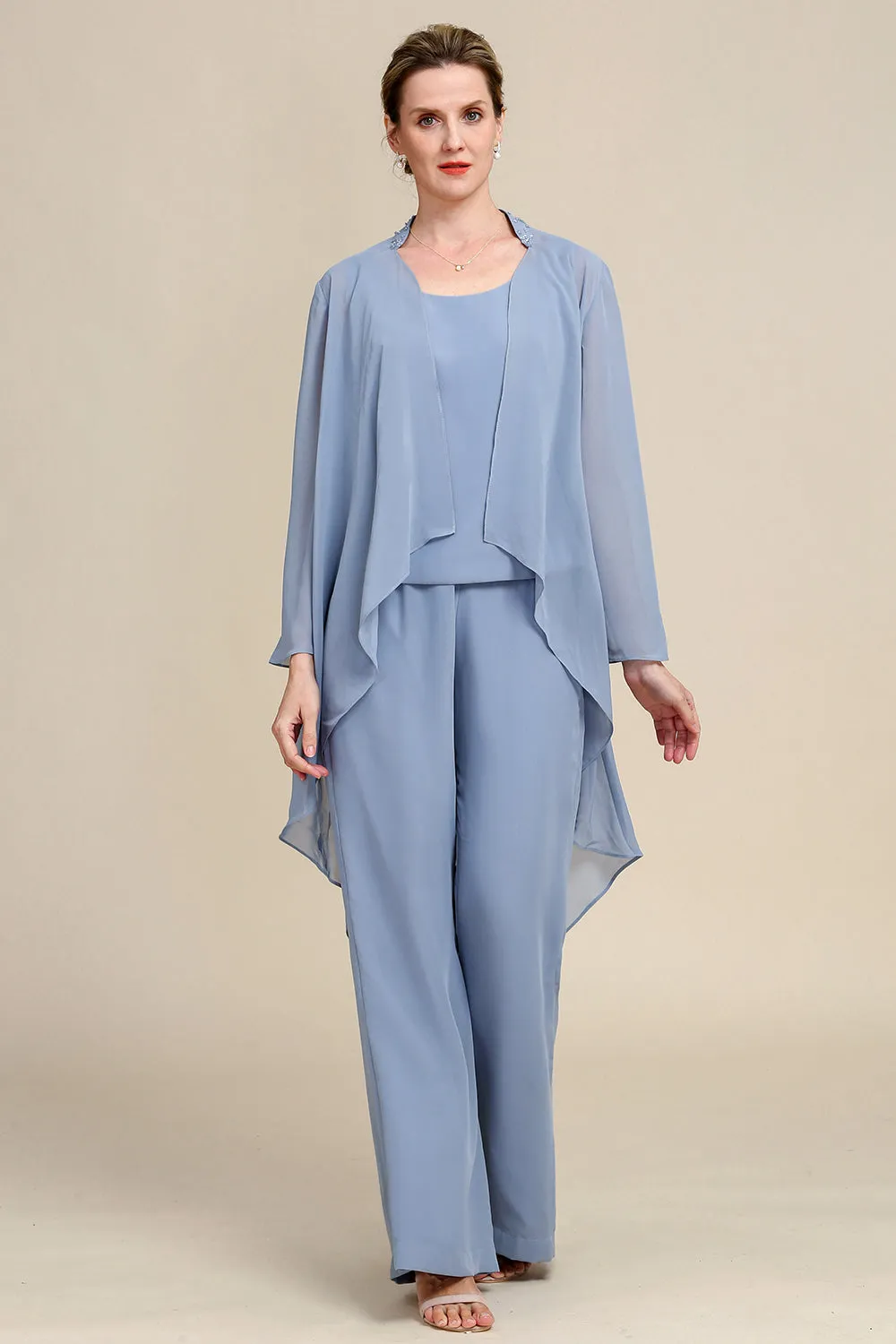 Grey Blue Long Sleeves 3 Piece Mother of the Bride Pant Suits sold by Zapaka