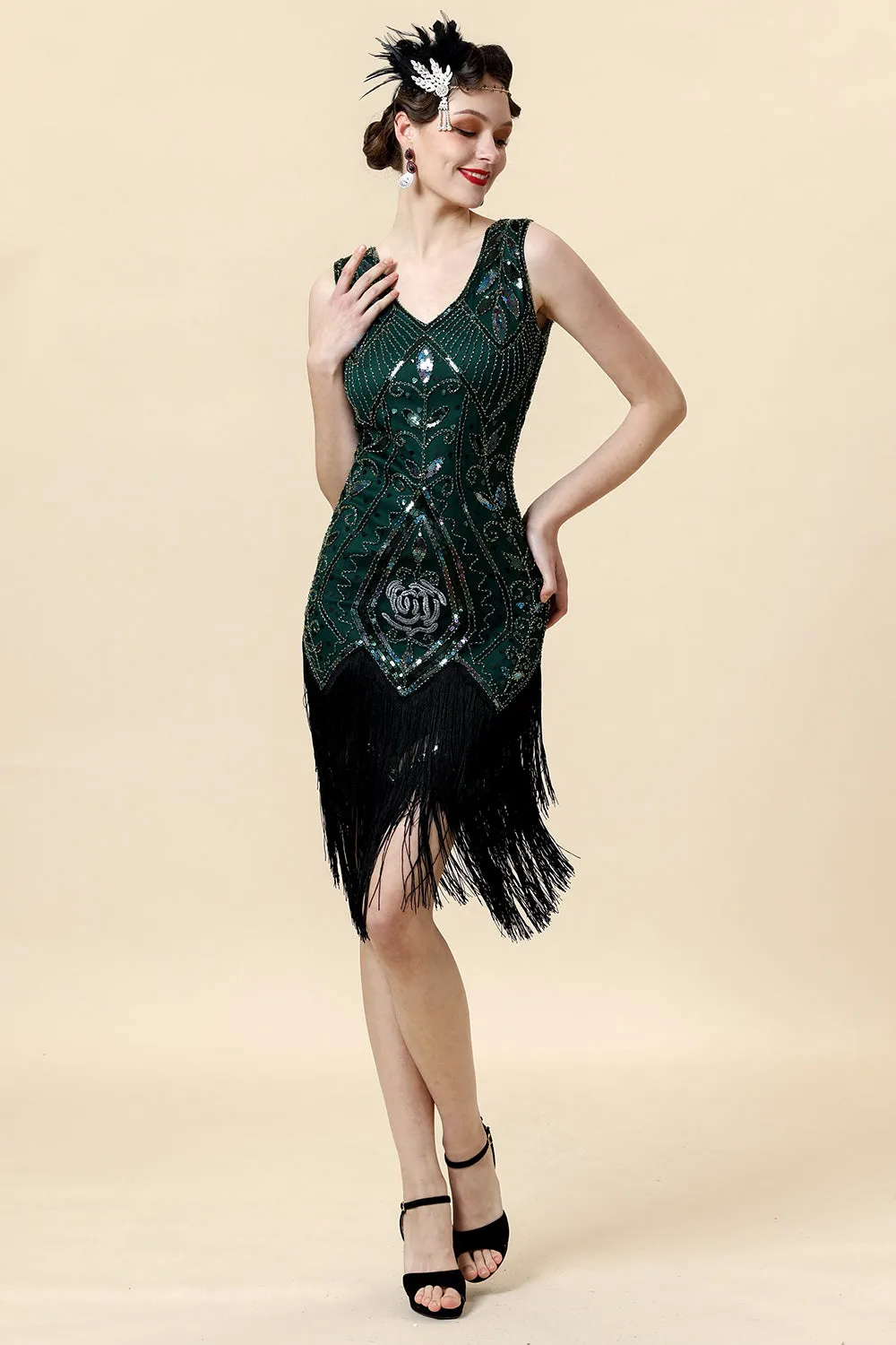 Green Fringed Gatsby Dress with 20s Accessories Set sold by Zapaka product image thumbnail 4