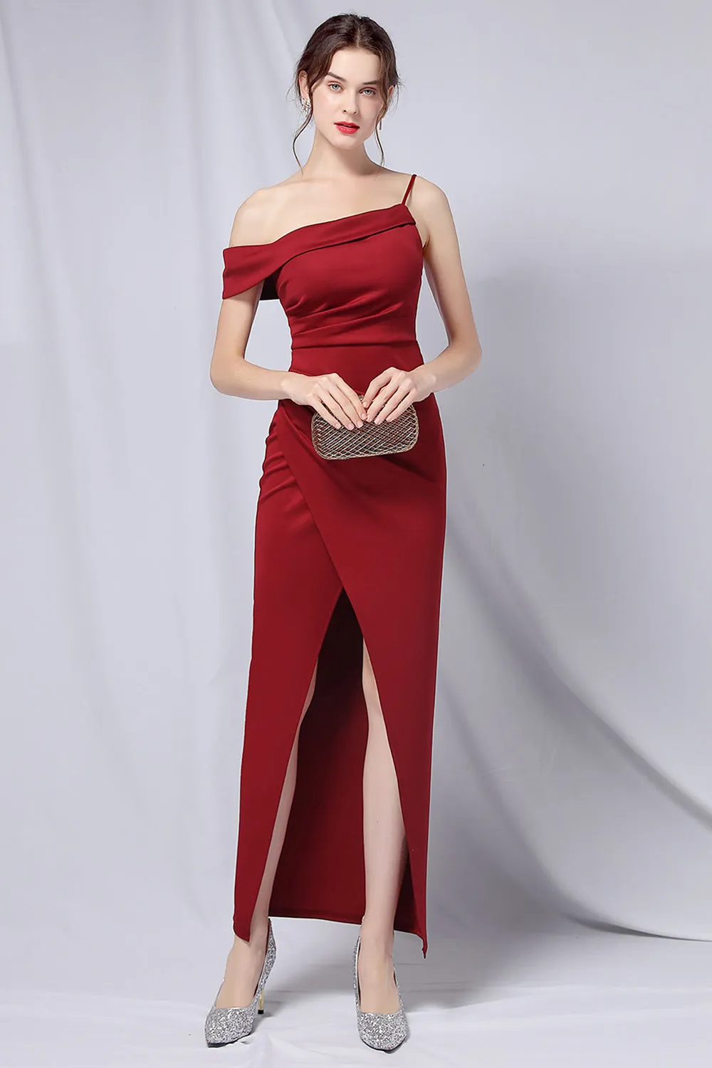 Burgundy One Shoulder Prom Dress with Slit sold by Zapaka