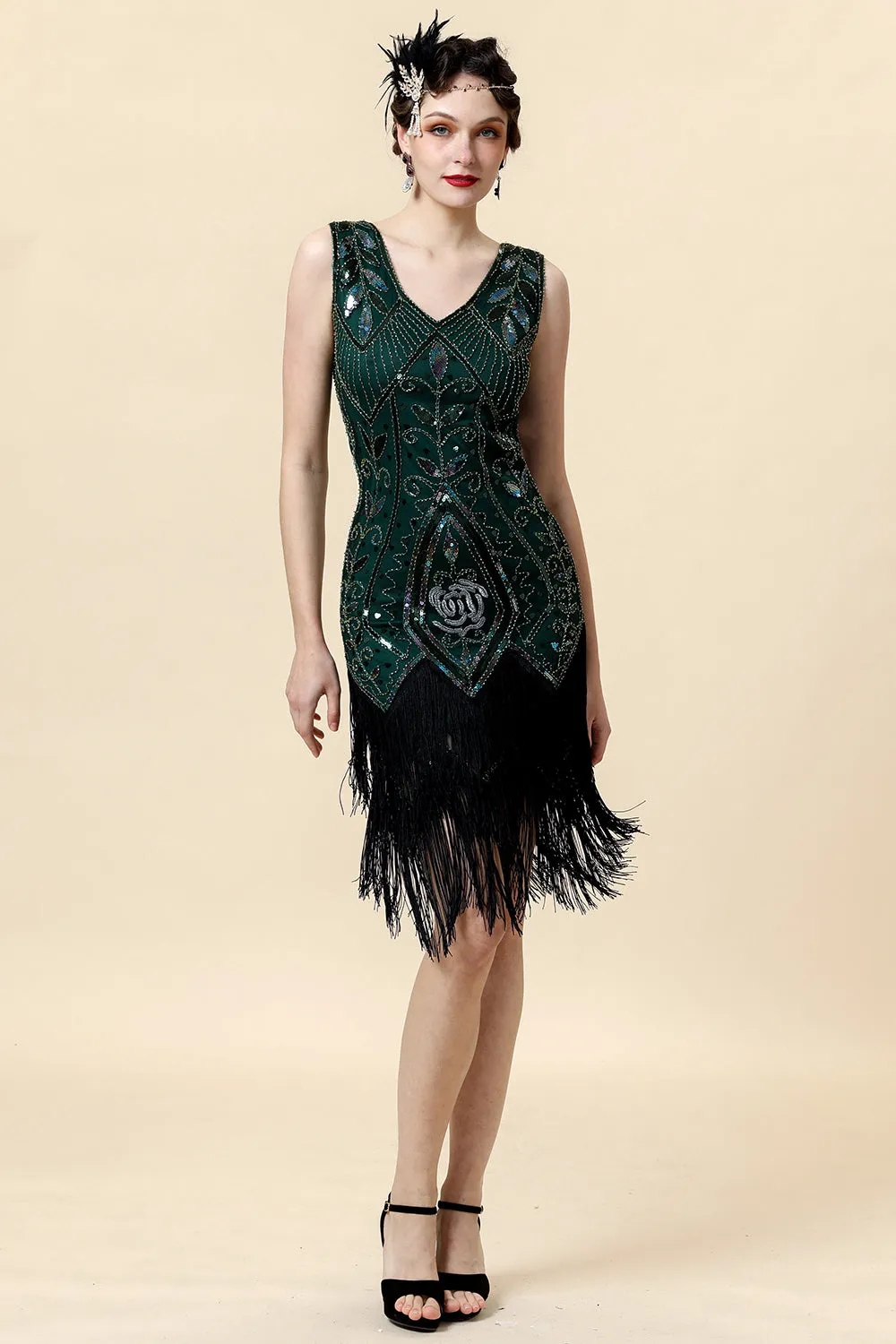 Green Fringed Gatsby Dress with 20s Accessories Set sold by Zapaka product image thumbnail 5