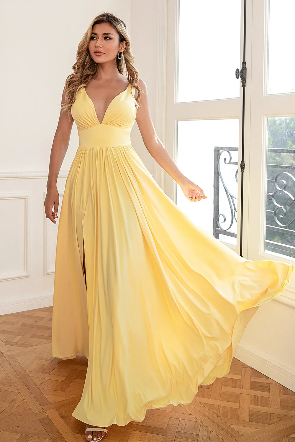 Classic A Line V Neck Yellow Long Prom Dress with Split Front sold by Zapaka product image thumbnail 3