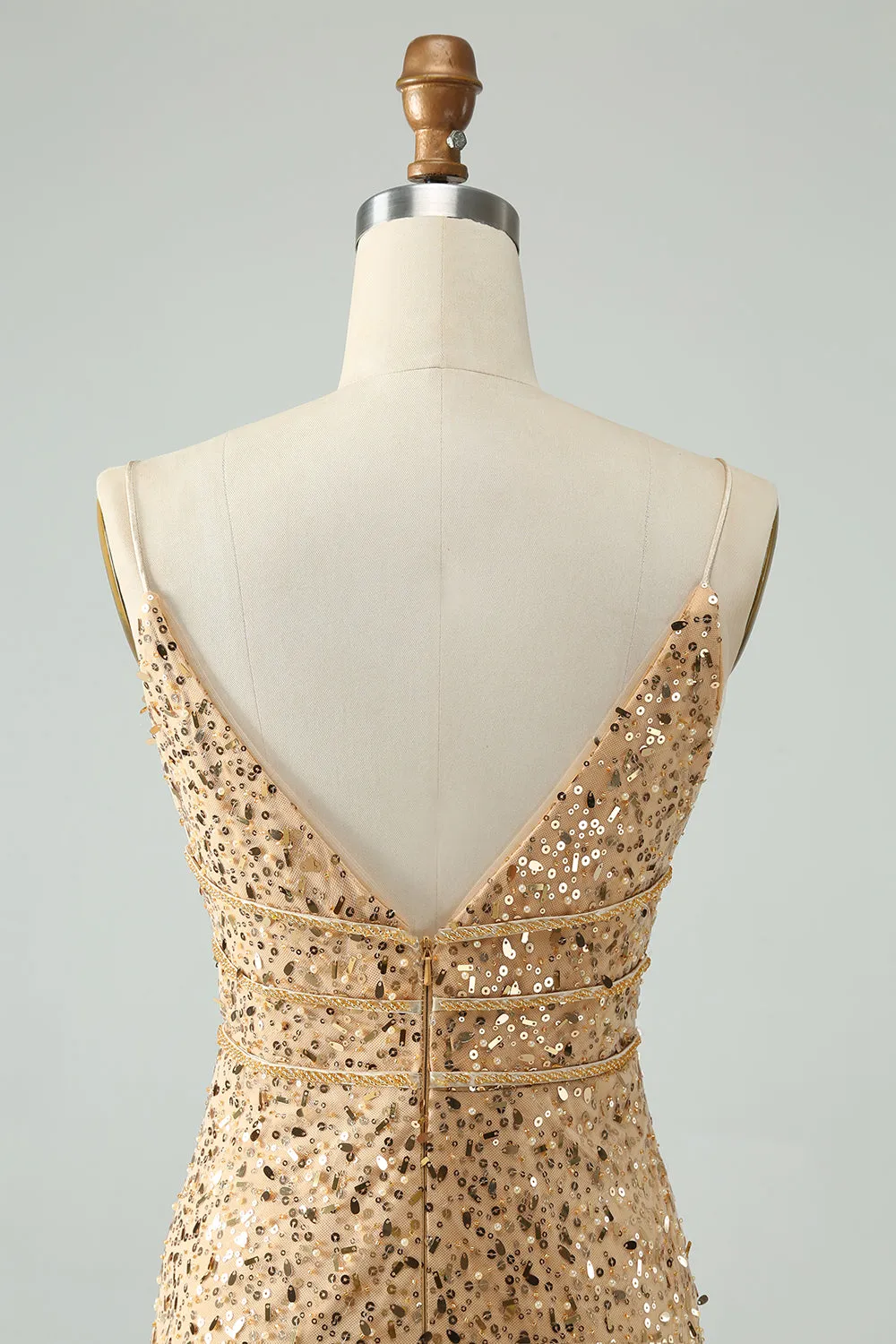 Unique Sparkly Golden Tight Spaghetti Strap Short Homecoming Dress with Sequins sold by Zapaka product image thumbnail 5