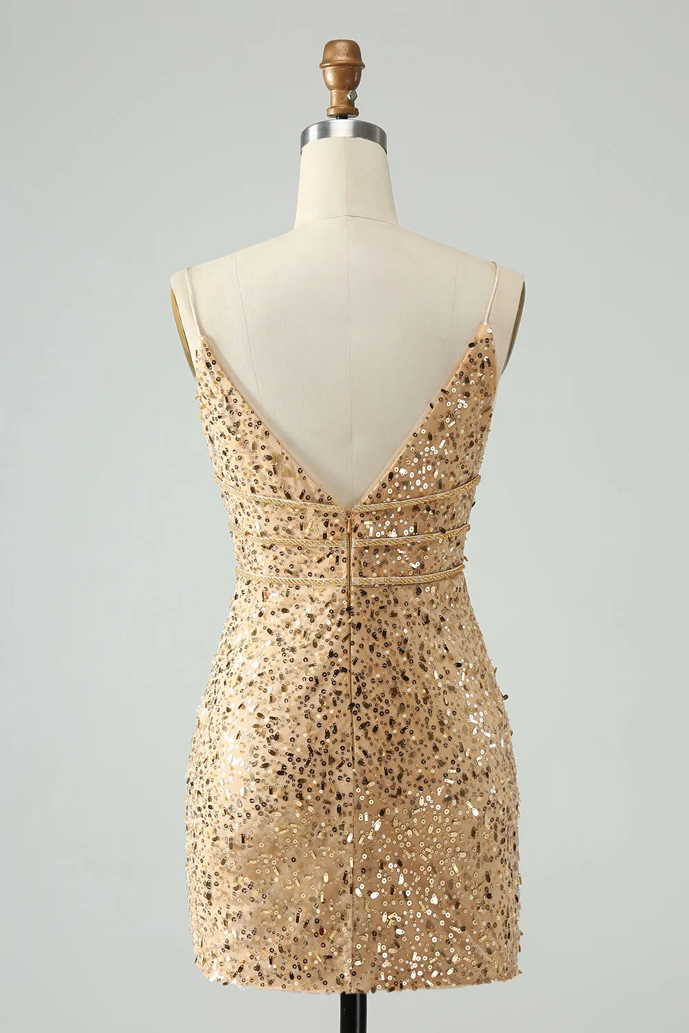 Unique Sparkly Golden Tight Spaghetti Strap Short Homecoming Dress with Sequins sold by Zapaka product image thumbnail 2