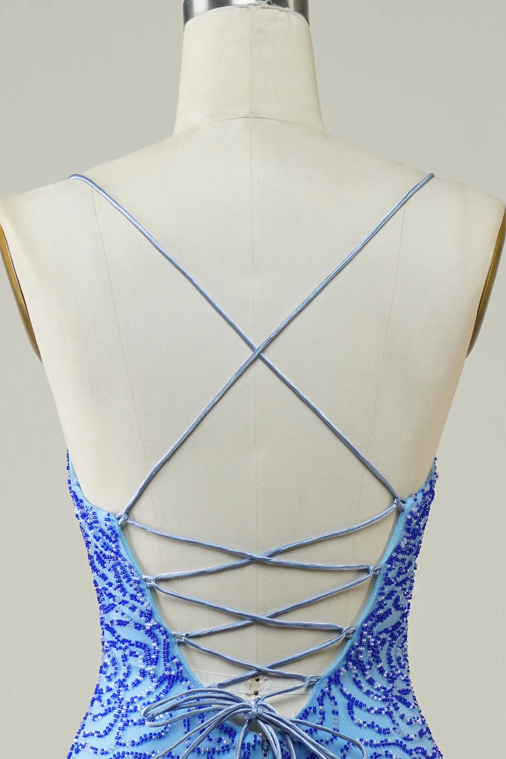 Spaghetti Straps Blue Tight Glitter Homecoming Dress with Beaded sold by Zapaka product image thumbnail 5
